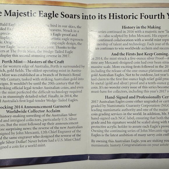 2017-P Australia S$1 Wedge-Tailed Eagle MS70 NGCS. John Mercanti Signed - Picture 4 of 9